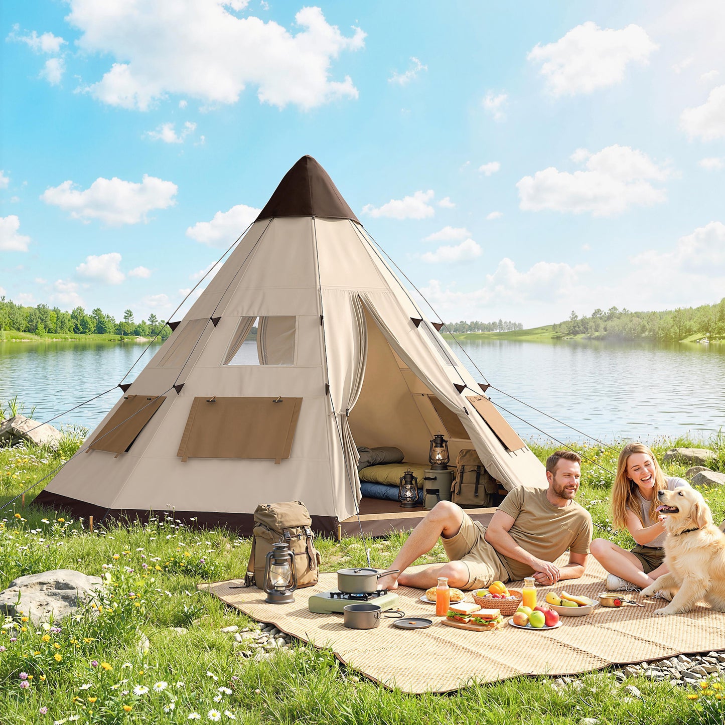 6 Men Tipi Tent with Carry Bag - Khaki