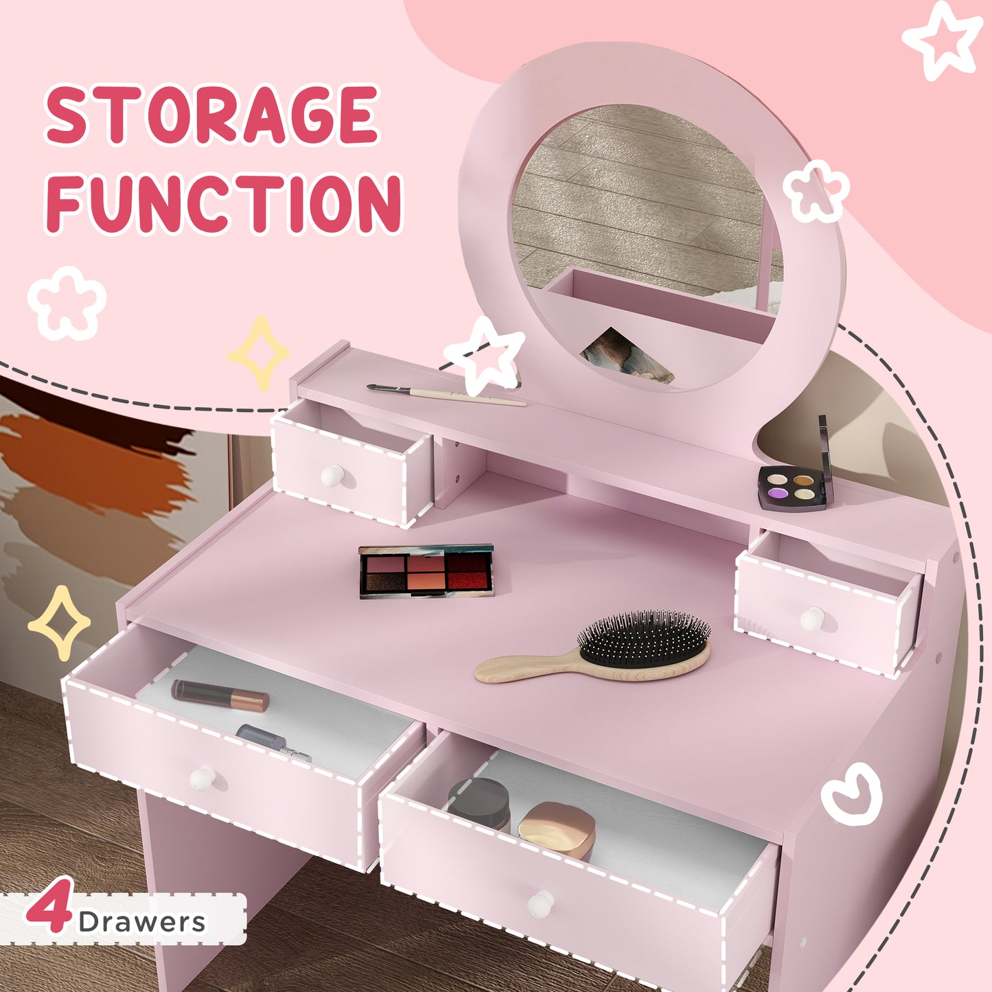 Kids Dressing Table Set Kids Make up Table with Stool and Mirror, Storage Drawers, Gift for Aged 3-8