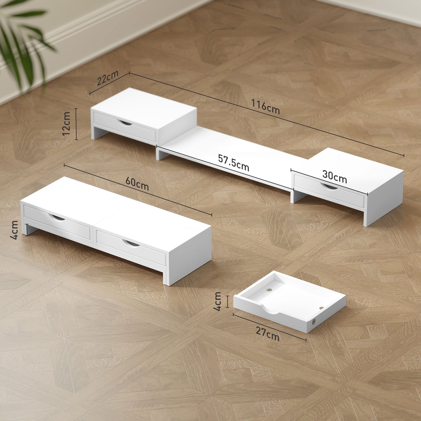 Dual Monitor Stand Riser with 2 Drawers, Adjustable Length and Angle, 116cm Monitor Riser for Laptop, Computer, PC