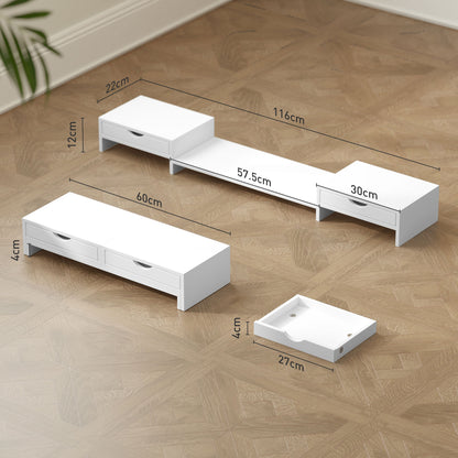 Dual Monitor Stand Riser with 2 Drawers, Adjustable Length and Angle, 116cm Monitor Riser for Laptop, Computer, PC