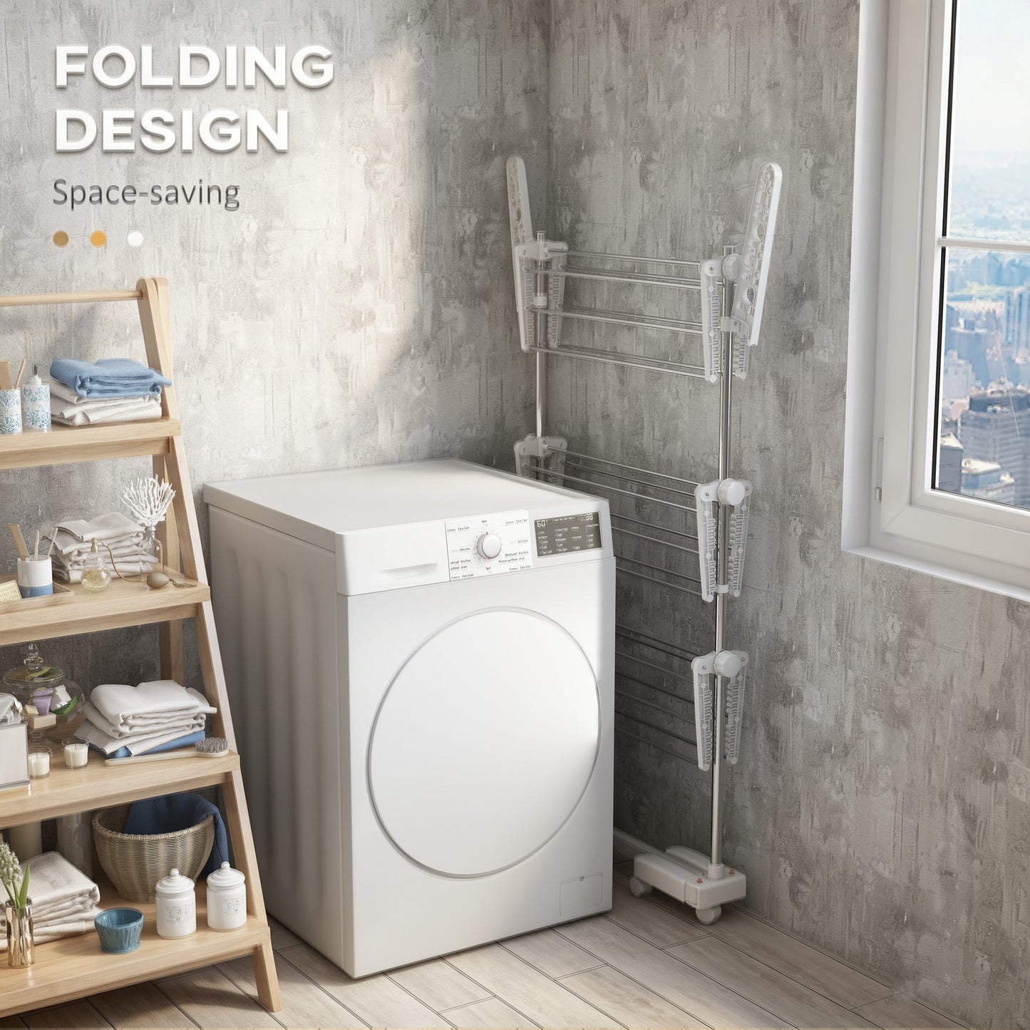 3-Tier Clothes Airer, Stainless Steel Foldable Clothes Drying Rack with Wheels and Wings, Indoor and Outdoor, Easy Assembly