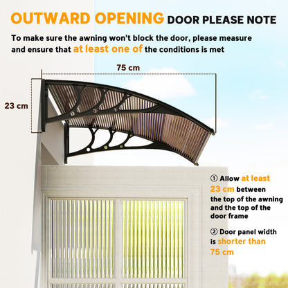 Front Door Canopy Outdoor Awning Aluminium Rigid Plastic Polycarbonate Rain Shelter UV Water Rain Resistant 120 x 75cm Brown