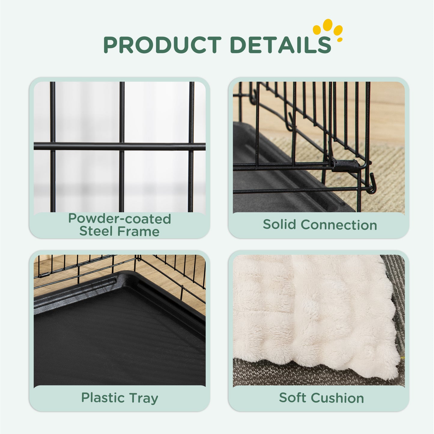 Foldable Dog Crate with 2 Doors with Tray, Soft Cushion, for Small Dogs, 75 x 49 x 53 cm, Black