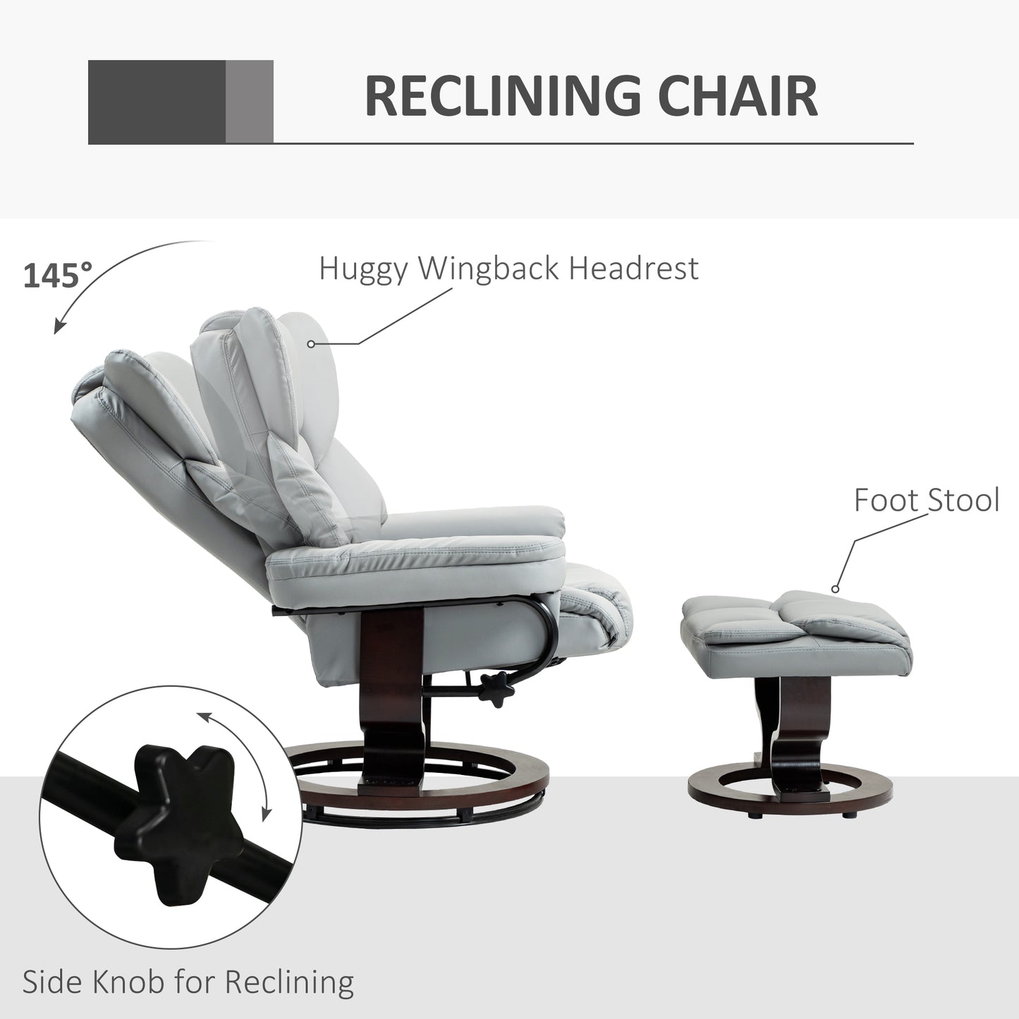 360° Swivel Recliner Chair with Footstool, PU Leather Manual Recliner Armchair with Footstool, Solid Wood Base