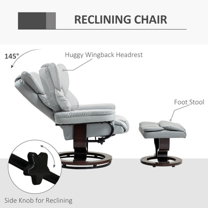 360° Swivel Recliner Chair with Footstool, PU Leather Manual Recliner Armchair with Footstool, Solid Wood Base