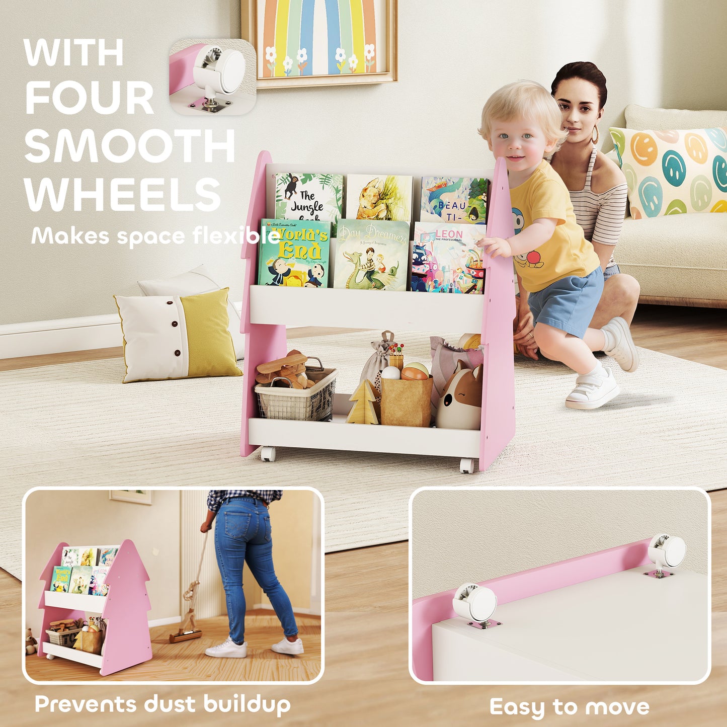 Kids Bookshelf with Toy Storage, Double-Sided Bookcase with Wheels, 3 Tier Kids Book Rack for Bedroom, Pink