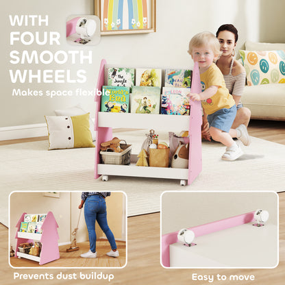 Kids Bookshelf with Toy Storage, Double-Sided Bookcase with Wheels, 3 Tier Kids Book Rack for Bedroom, Pink