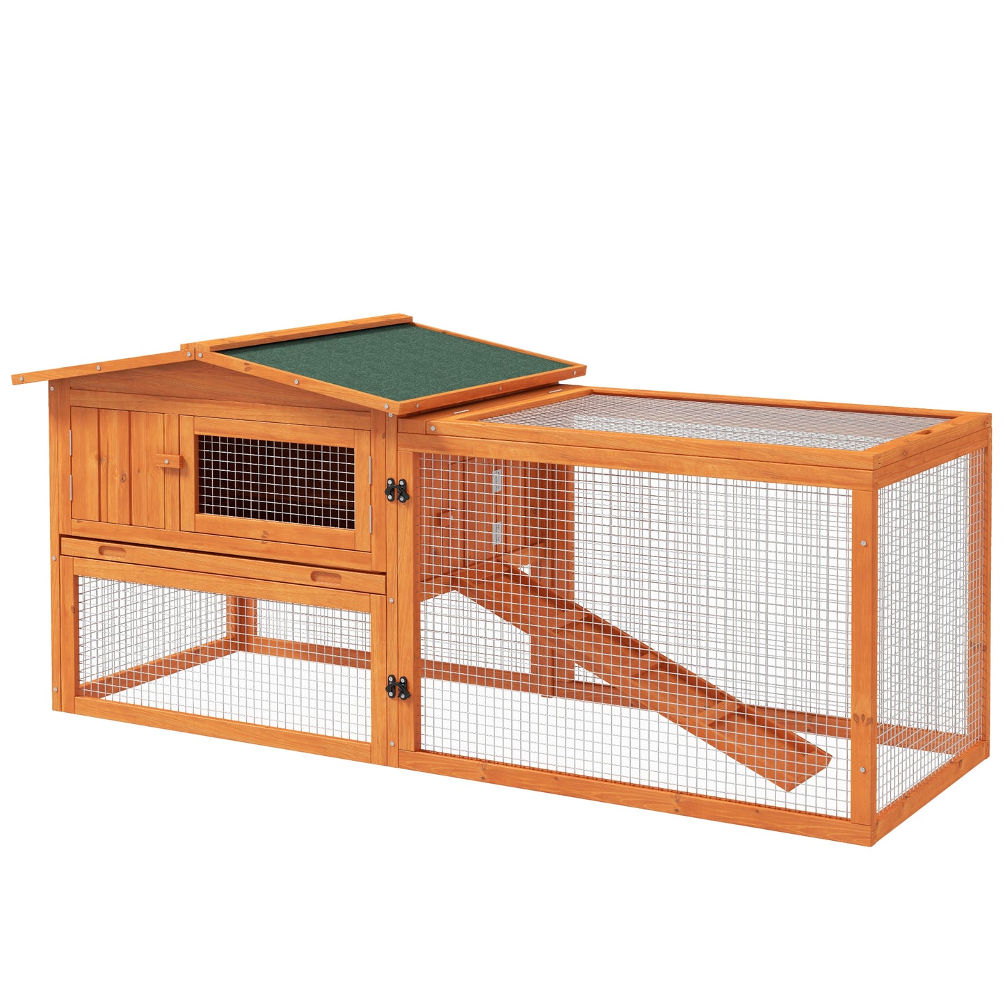 Rabbit Hutch with Run Wooden Guinea Pig Hutch Outdoor Bunny Cage Hide House with Sliding Tray, Hay Rack, Ramp