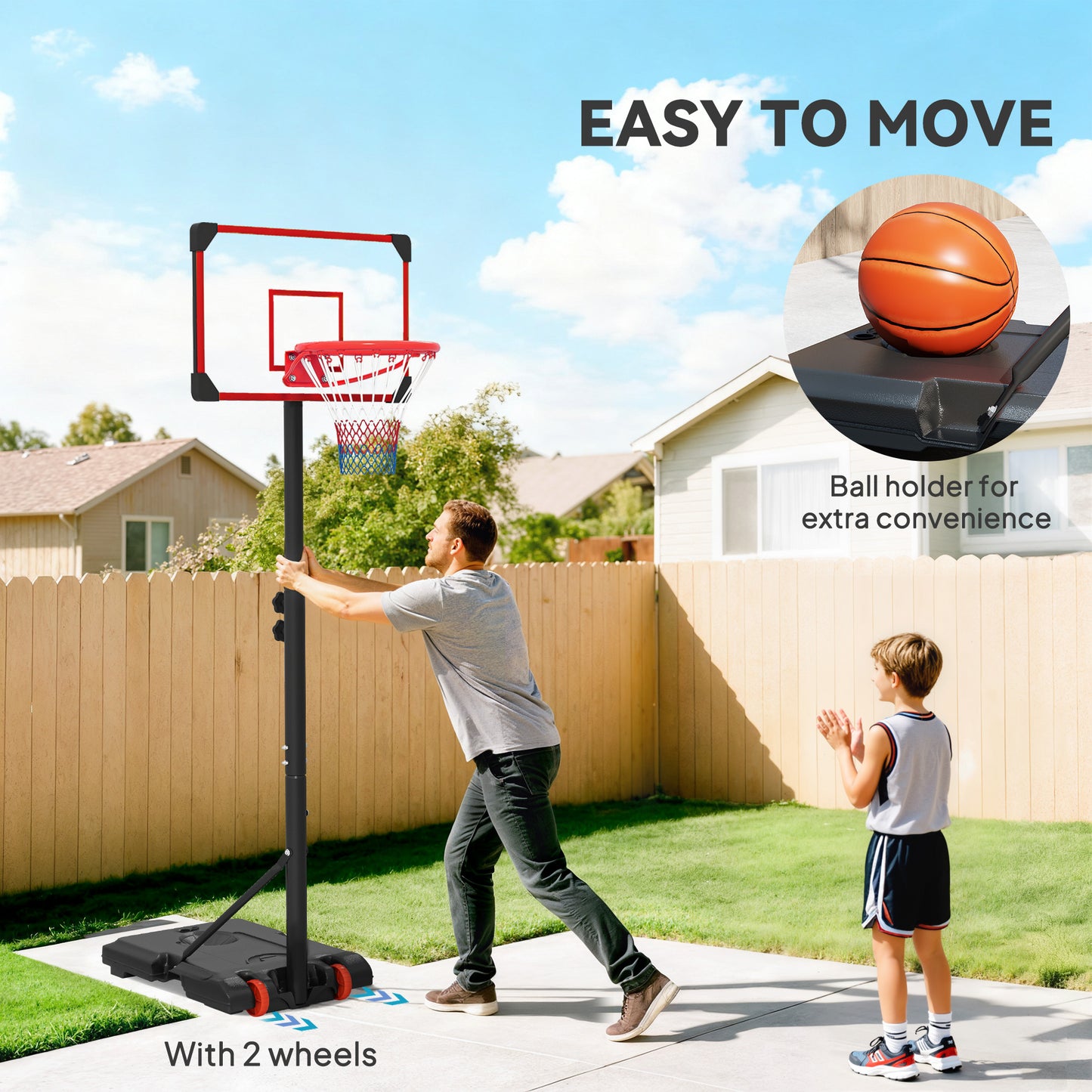 Height Adjustable Basketball Hoop and Stand with Firm Backboard and Weighted Base, Portable on Wheels, Red