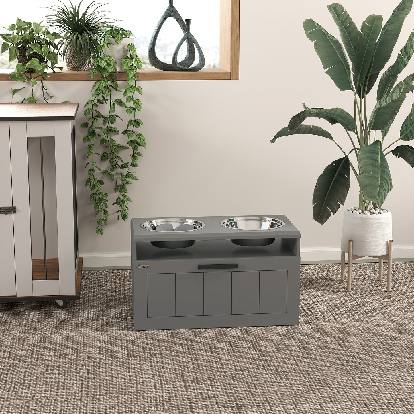 Raised Dog Bowl with Slow Feeder, Two Stainless Steel Dog Bowls, Drawer, for Large and Extra Large Dogs, Grey