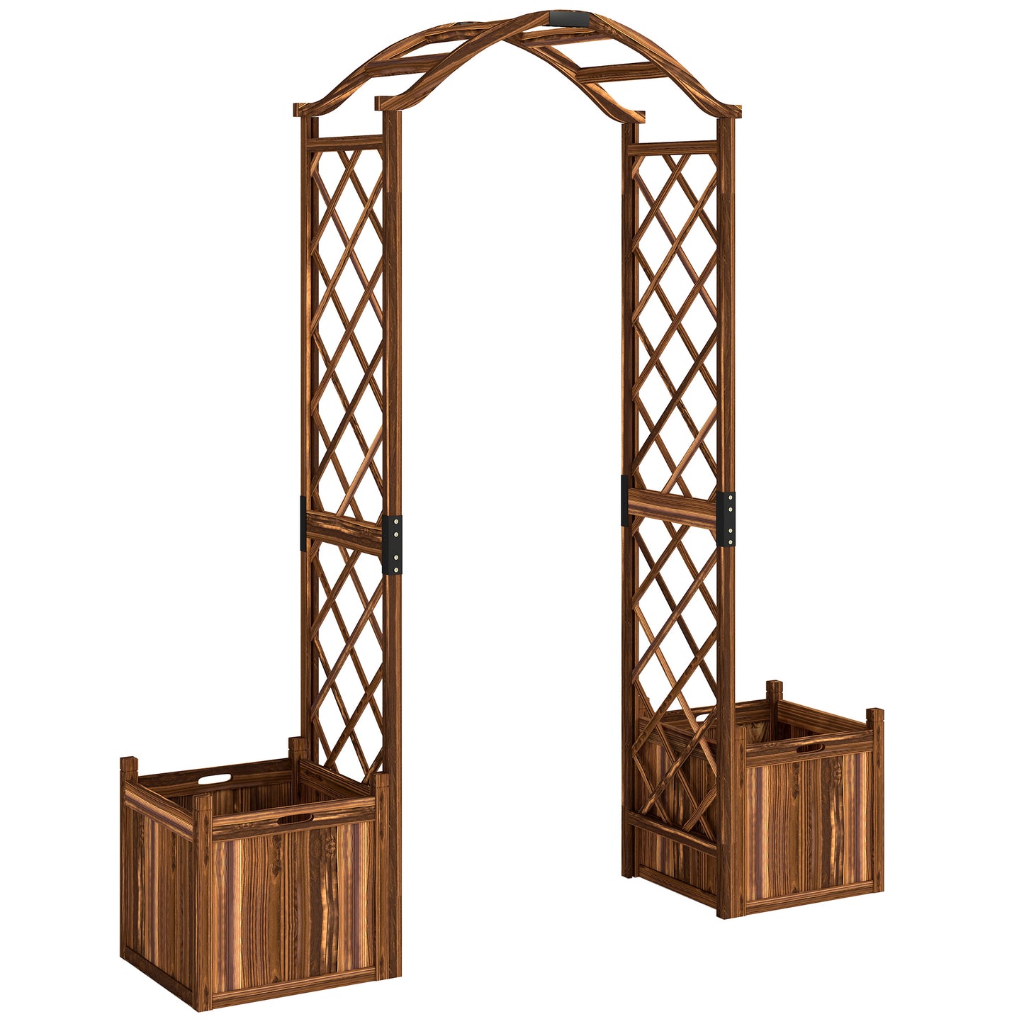 Wooden Garden Arch with 2 Planter Boxes, Outdoor Rose Arch Trellis for Climbing Vines, Carbonised