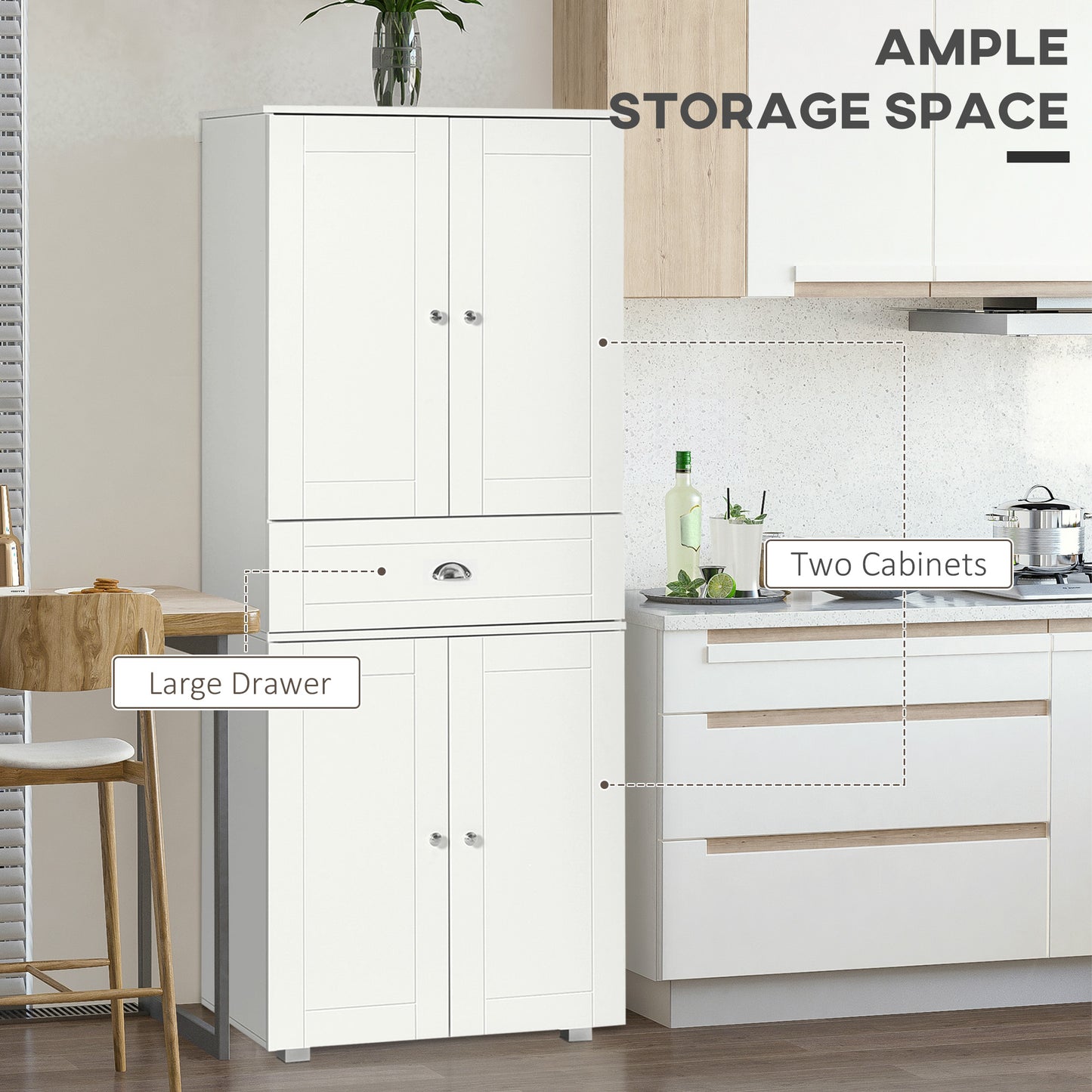 184cm Tall Kitchen Cupboard, Freestanding Kitchen Pantry Storage Cabinet with 4 Doors, 3 Adjustable Shelves, Drawer