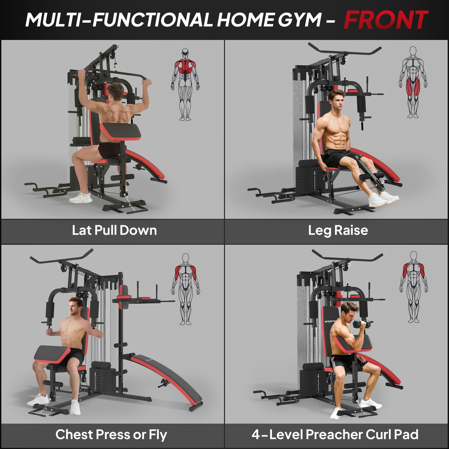 Multi Gym Workout Station, Weight Machine with 65kg Weight Stack, Sit Up Bench, Push Up Stand, Dip Station