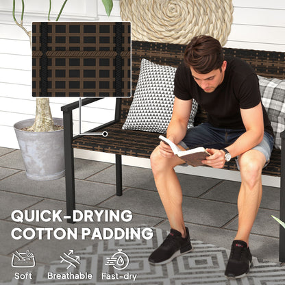 2 Seater Rattan Garden Bench, Outdoor Bench with Quick-Drying Cotton Padding, Wicker Garden Loveseat with Armrests