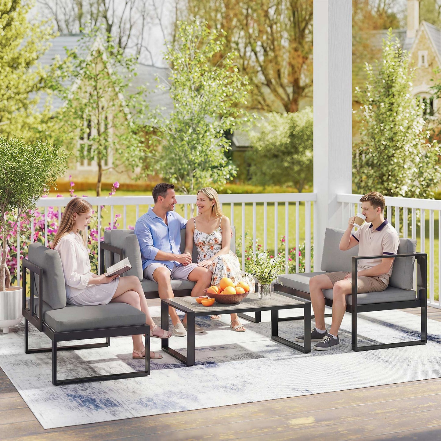 4 Piece Garden Furniture Set, Garden Sofa Set with 2 Loveseats, Armless Chair, Coffee Table for Balcony, Dark Grey