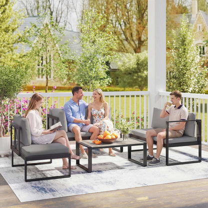 4 Piece Garden Furniture Set, Garden Sofa Set with 2 Loveseats, Armless Chair, Coffee Table for Balcony, Dark Grey