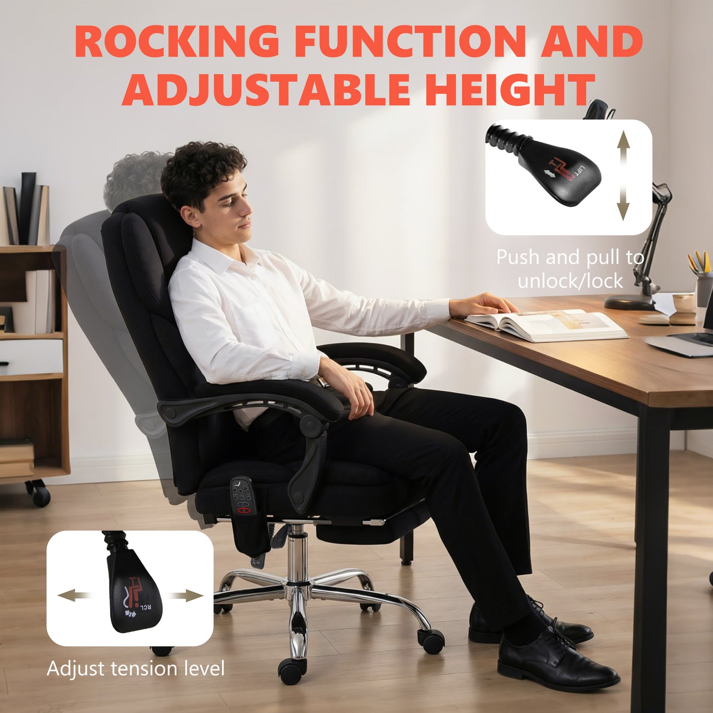 Office Chair with 6-point Vibration Massage and Heat, Fabric Desk Chair with Footrest, High Back, Black