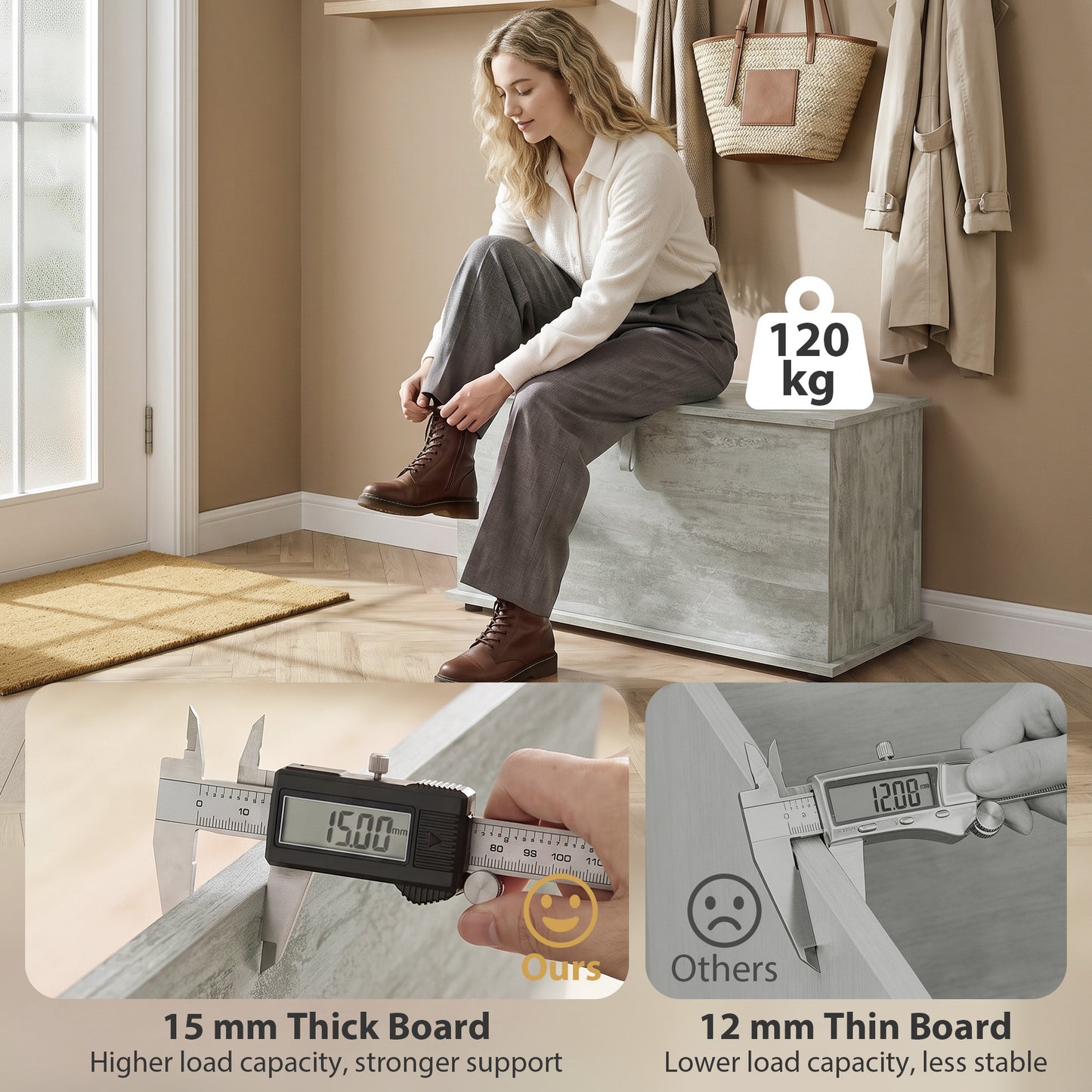 Storage Chest, 102L Blanket Box, Shoe Bench with Safety Hinged Lid, Bed End Bench for Bedroom, 80 x 40 x 45cm, Grey