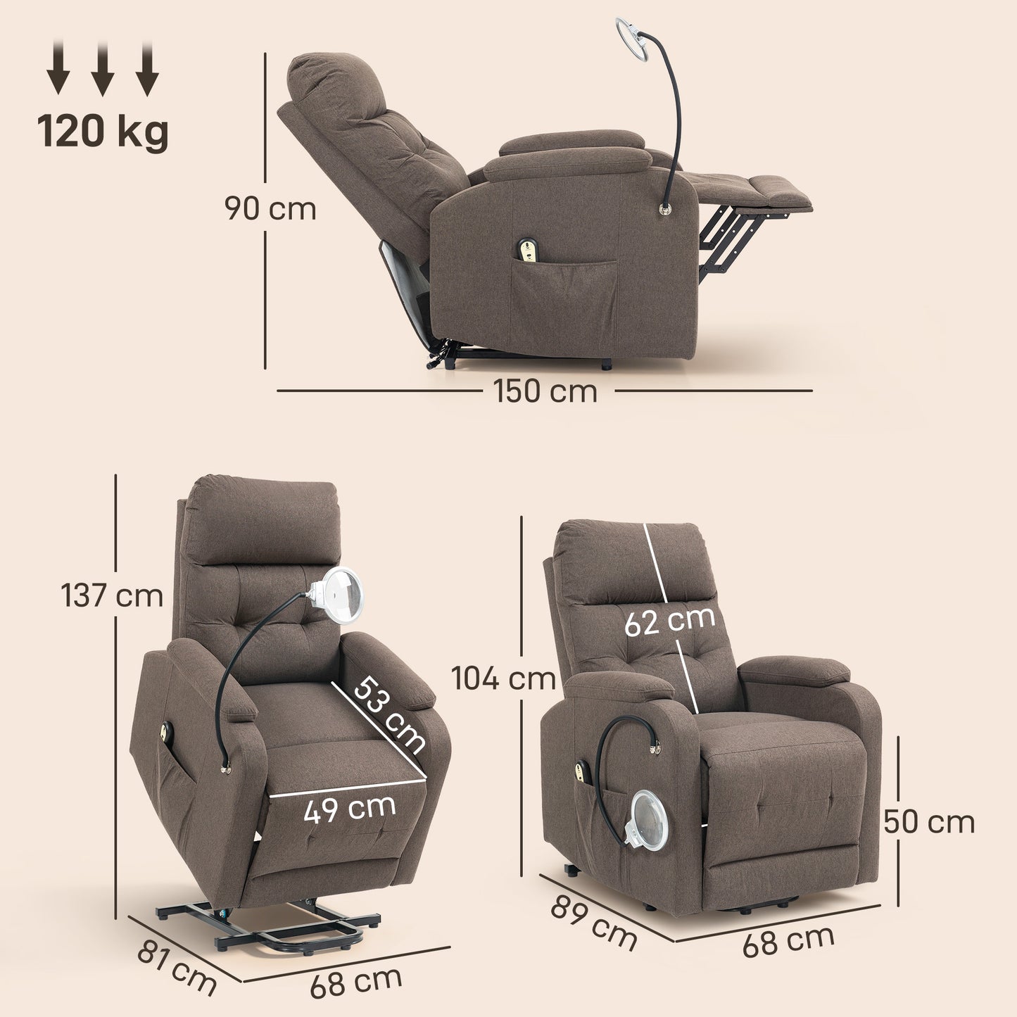 Electric Rise/Recline Armchair, with Reading Light - Brown