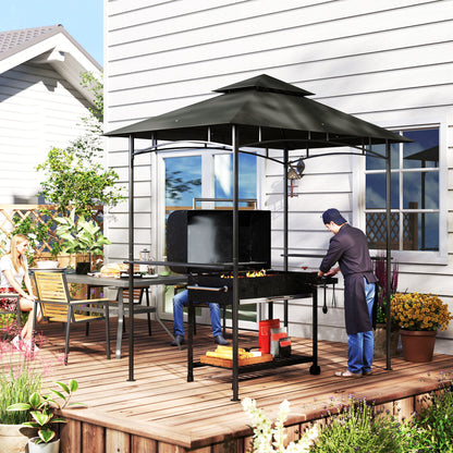 8' x 5' Grill Gazebo, Double Tiered BBQ Gazebo Shelter Canopy with LED Lights, 2 Side Shelves, Hooks, Dark Grey