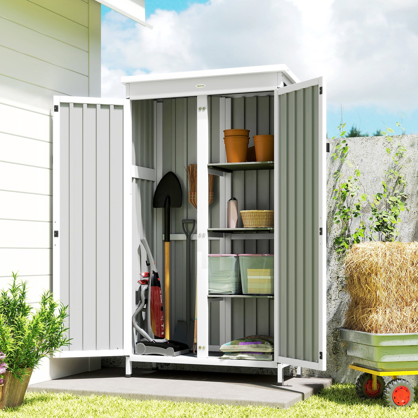 Outdoor Storage Cabinet with Removable Shelves, Garden Tool Shed with Asphalt Roof, White and Black