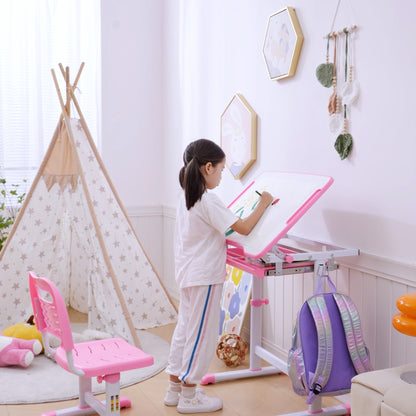 Kids Desk and Chair Set, Student Adjustable Writing Desk, with Drawer, Pen Slot, Hook - Pink