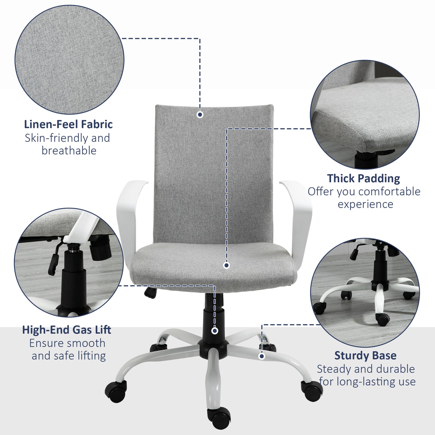 Office Chair Linen Swivel Computer Desk Chair Home Study Task Chair with Wheels, Arm, Adjustable Height, Light Grey