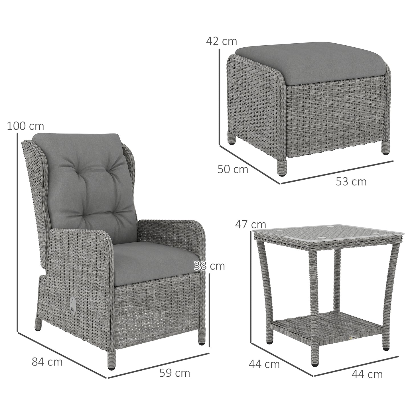5 Pieces Rattan Bistro Set with Adjustable Back, Reclining Wicker Balcony Furniture with Cushions