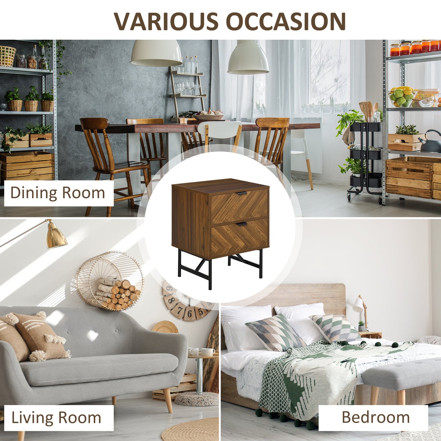 Bedside Table with Two Drawers, Side Cabinet Storage Unit with Metal Handles, Organisation Furniture for Living Room