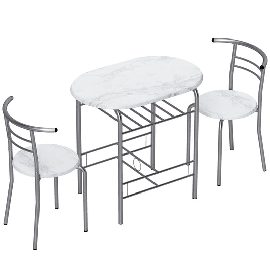 Three-Piece Compact Dining Set - White Marble Effect