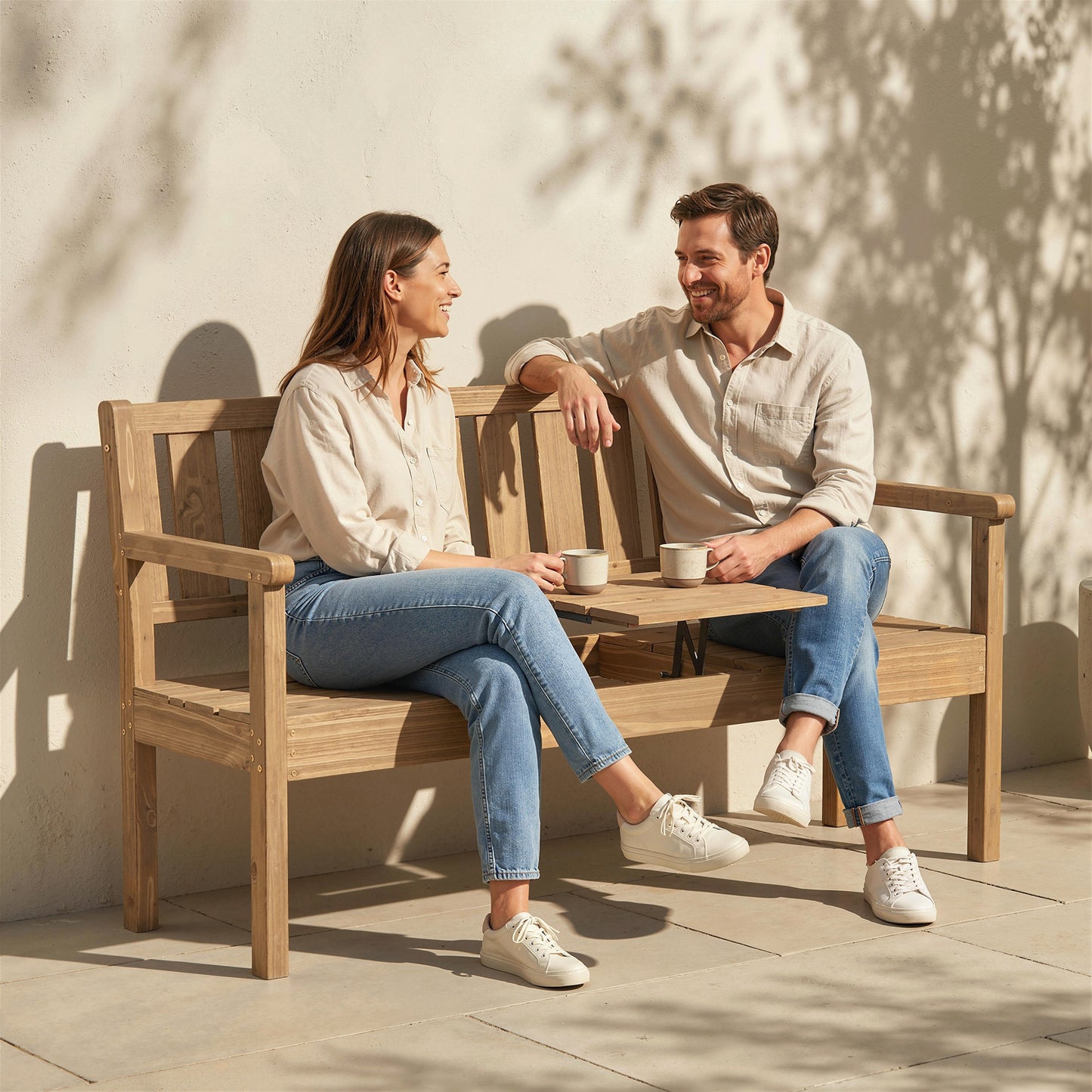 Wooden Garden Bench with Liftable Table & Shelf, 2-3-Seater Outdoor Loveseat with Fir Wood Frame, Teak