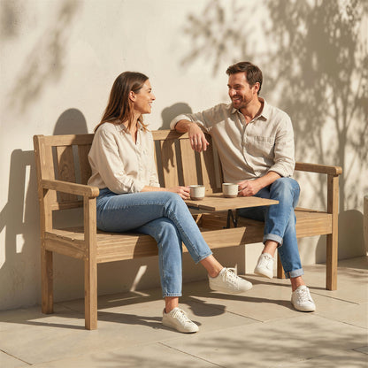 Wooden Garden Bench with Liftable Table & Shelf, 2-3-Seater Outdoor Loveseat with Fir Wood Frame, Teak