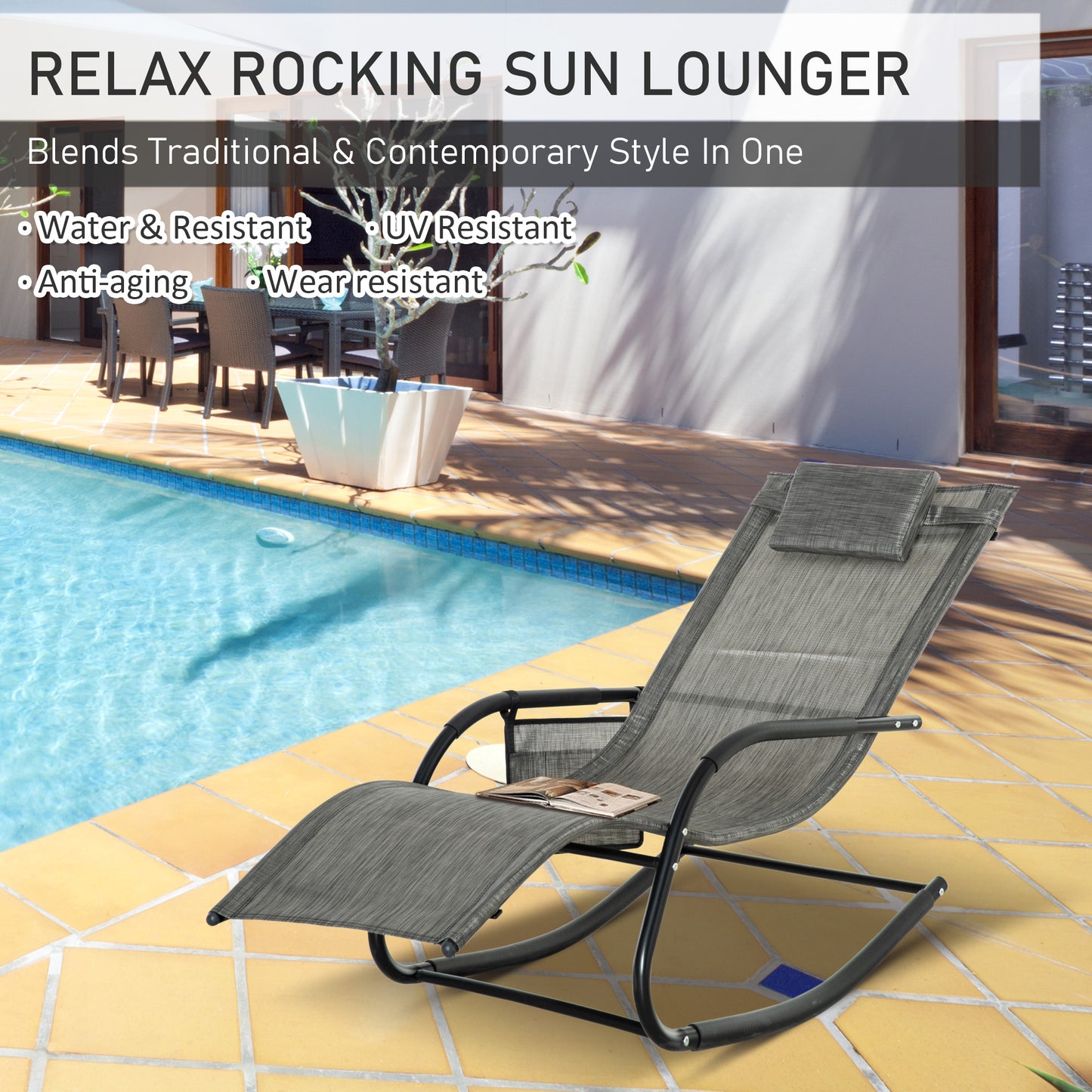 Outdoor Garden Rocking Chair, Patio Sun Lounger Rocker Chair with Breathable Mesh Fabric, Removable Headrest Pillow, Armrest