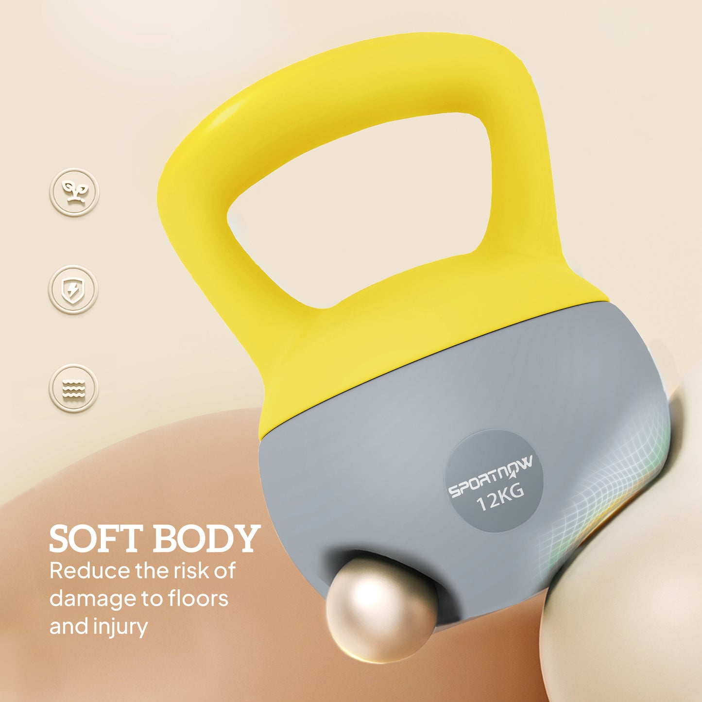 12KG Soft Kettlebell, Kettlebell with Non-Slip Handle for Home Gym, Weight Lifting, Strength Training, Yellow/Grey