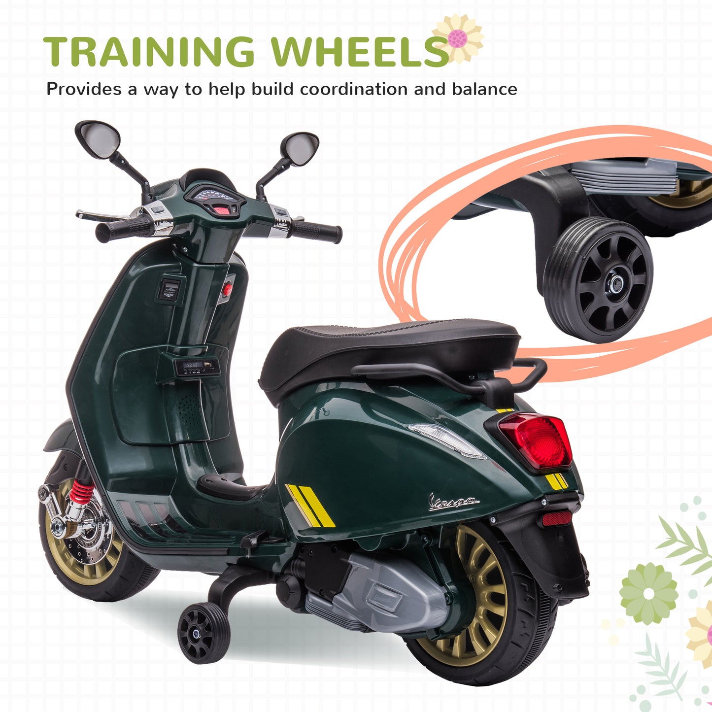 12V Vespa Licensed Kids Electric Motorbike w/ Music, Lights, FM Radio, for 3-6 Years - Green