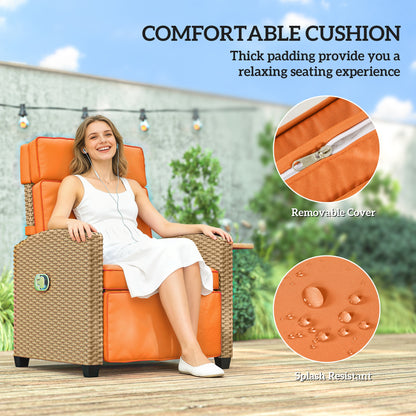 145° Reclining Rattan Armchair, with Footrest - Khaki/Orange