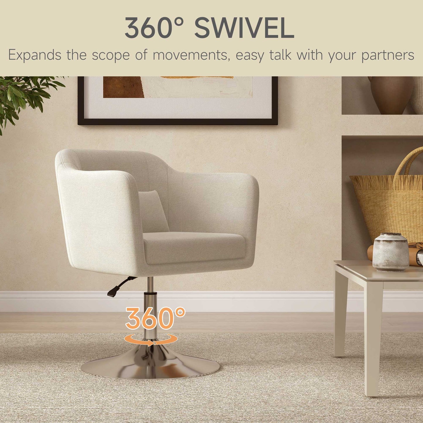 Modern Accent Chair with Swivel Base, Height Adjustable Arm Chair with Pillow for Living Room, Bedroom, Cream White