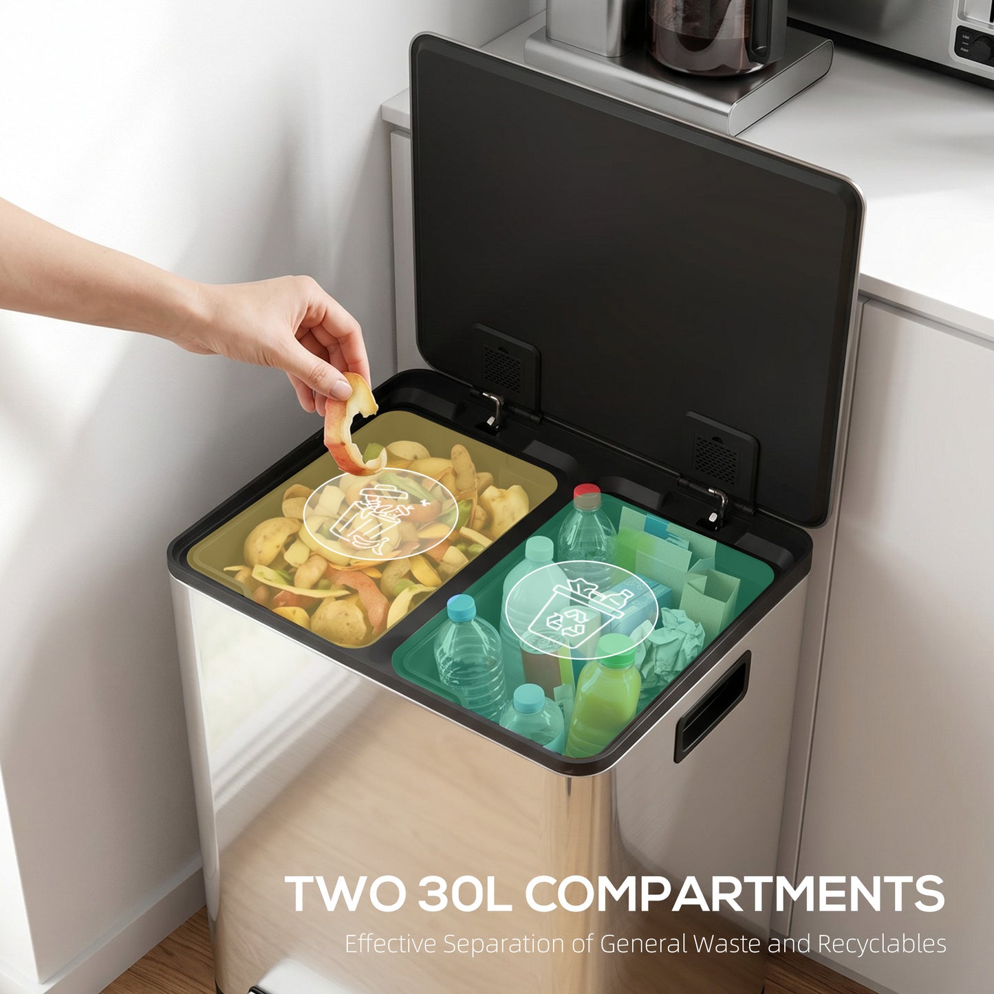 60L Dual Compartment Stainless Steel Bin, with Deodoriser Holders - Silver Tone