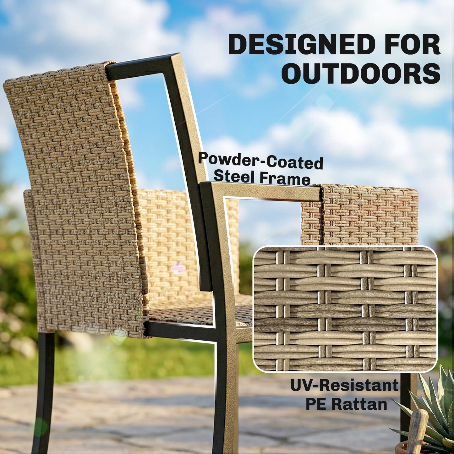 7 Piece Rattan Garden Furniture Set, Garden Dining Set with Wood-Plastic Table and 6 Stackable Chairs, Dark Grey