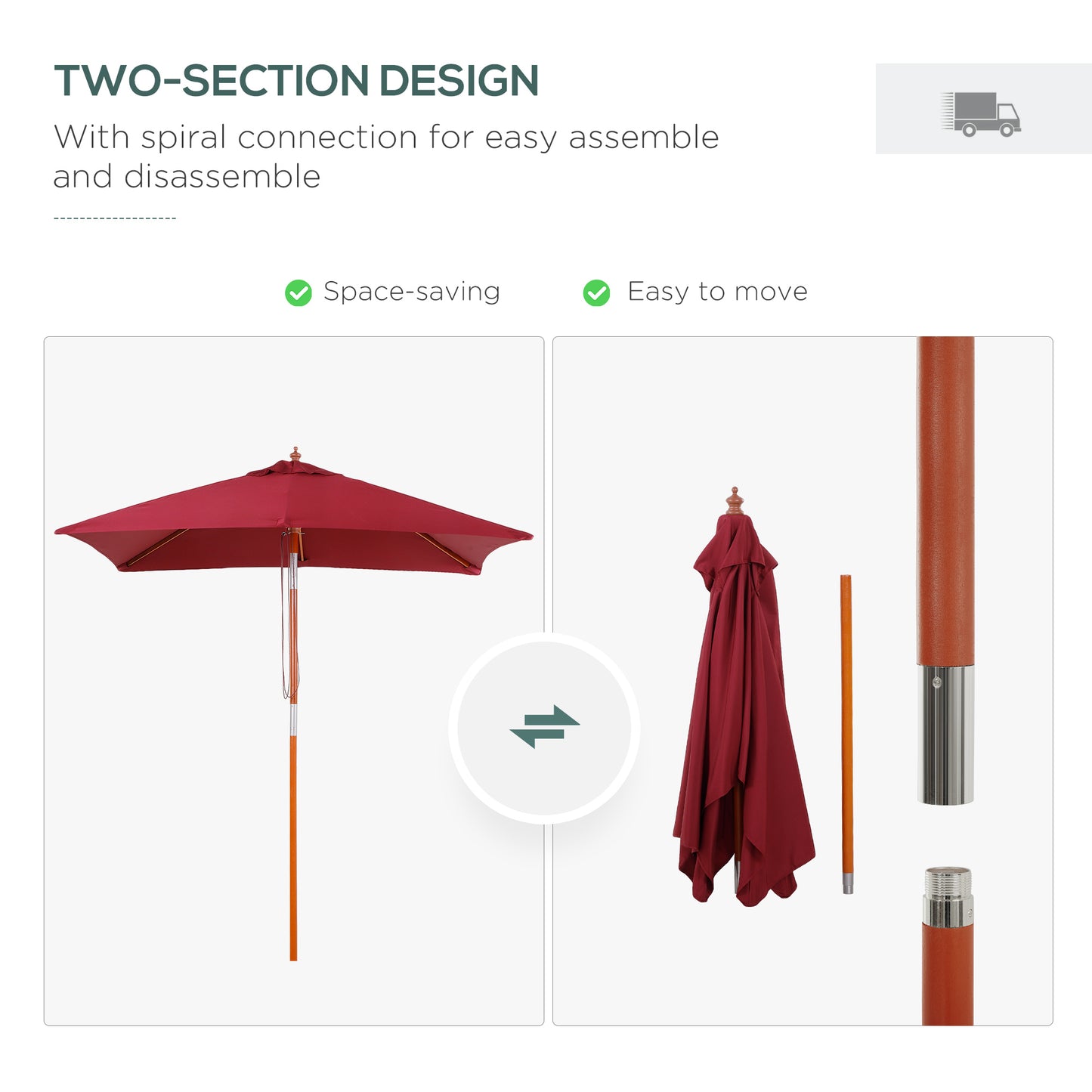 2m x 1.5m Garden Parasol Umbrella with Tilting Sunshade Canopy, Outdoor Market Table Umbrella with Wood and Bamboo Frame