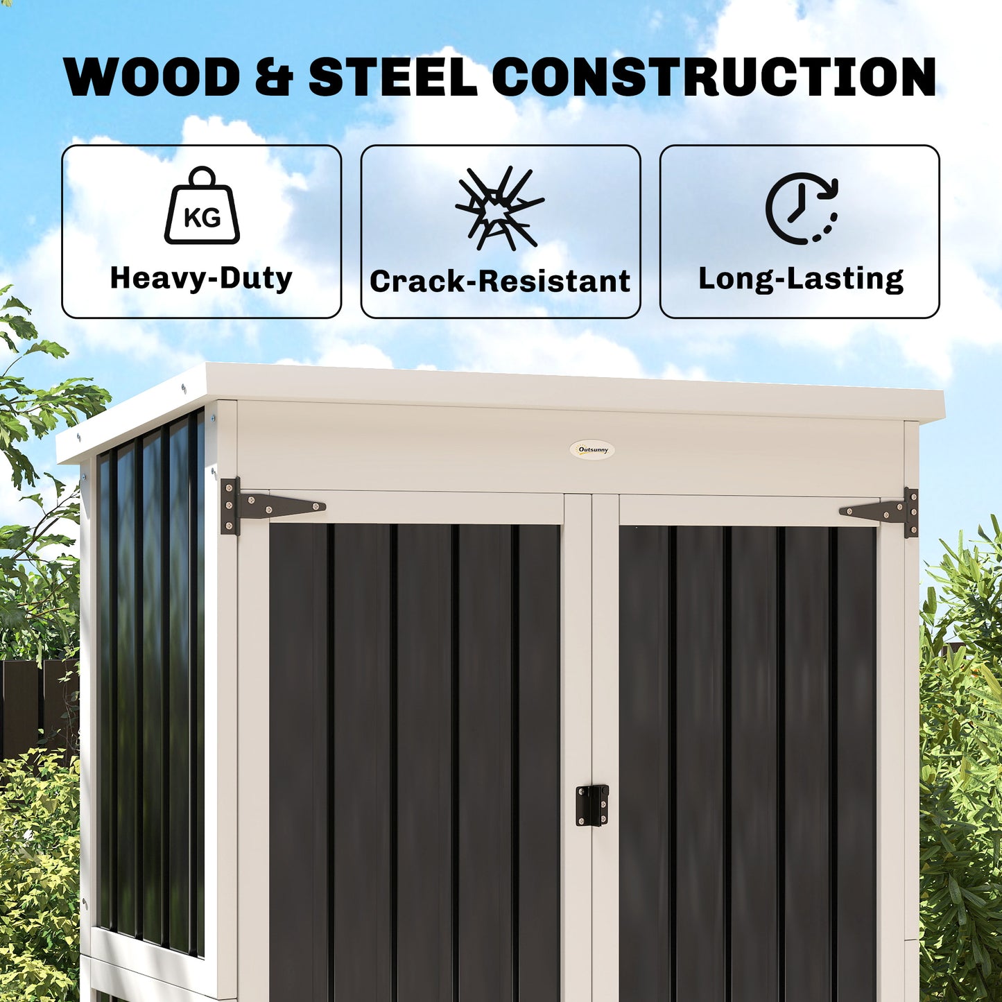 Outdoor Storage Cabinet with Removable Shelves, Garden Tool Shed with Asphalt Roof, White and Black
