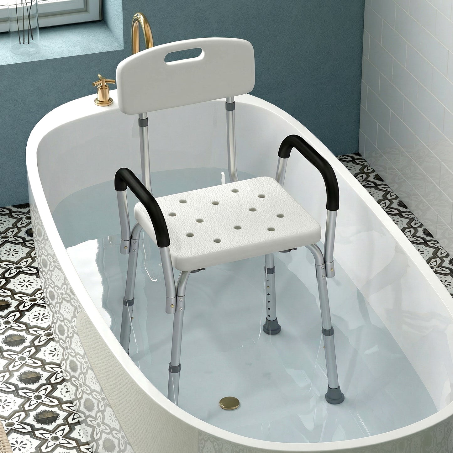 Shower Chair with Arms and Back, Height Adjustable Bath Bench, Non-Slip Shower Stool for Inside Tub
