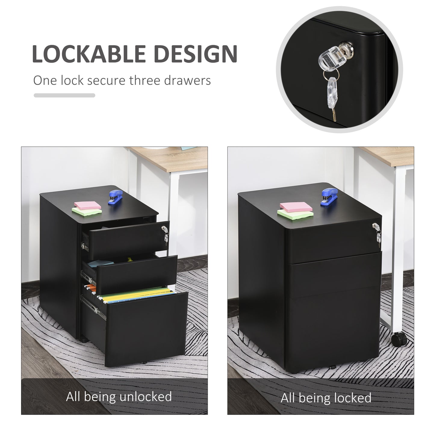 Lockable Cabinet, Rolling Filing Cabinet with 3 Drawers, Steel Office Drawer Unit for A4, Letter, Legal Sized Files