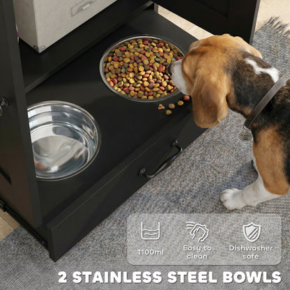 Pet Feeding Station with Raised Dog Bowls, Adjustable Panel, Hooks, Black