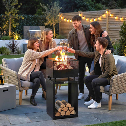 Outdoor Fire Pit with Wood Storage Wood Burning Firepit with Mesh Sides 87 cm Black