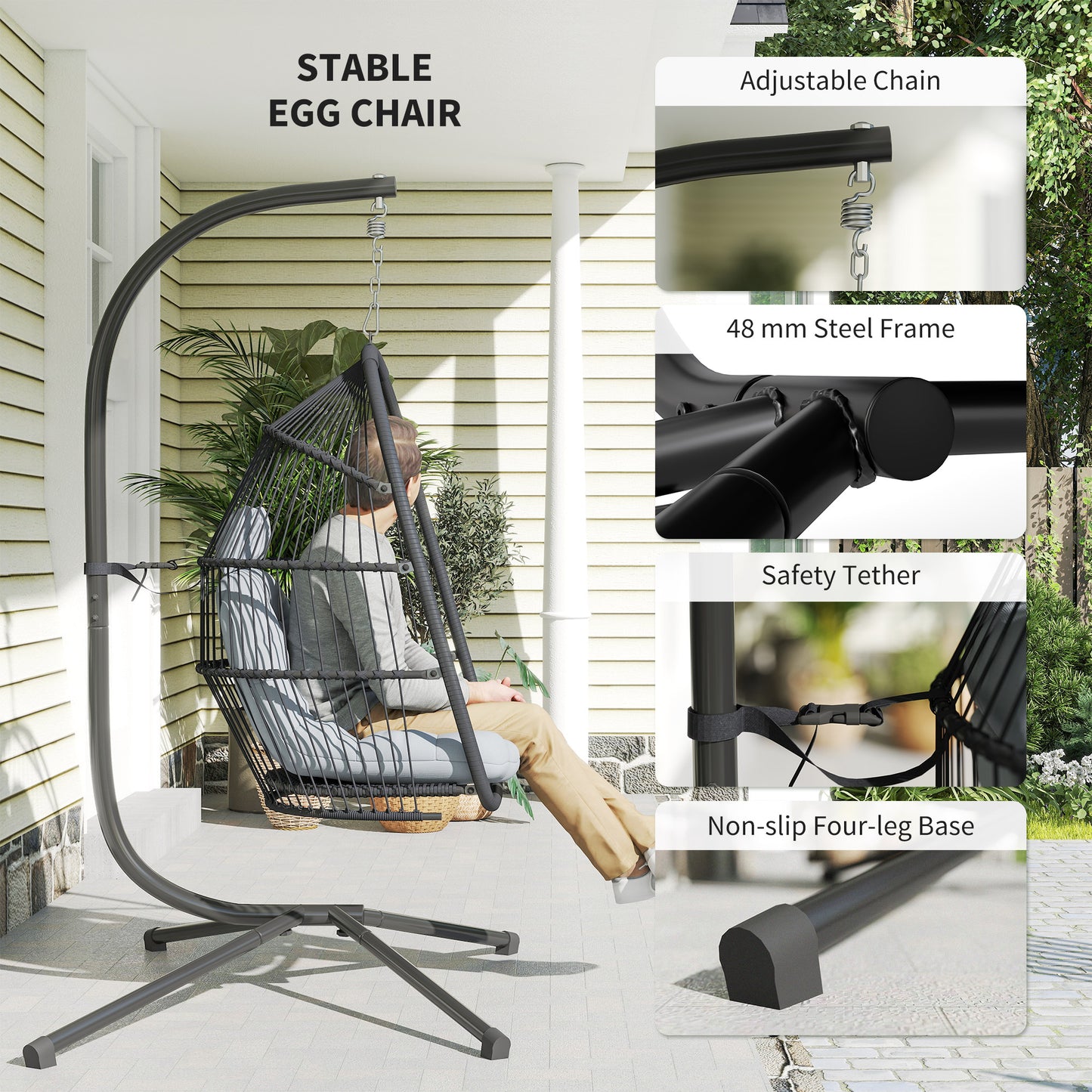 Rattan Hanging Egg Chair with Stand, Foldable Wicker Swing Egg Chair with Cushion, Head Pillow, Steel Frame