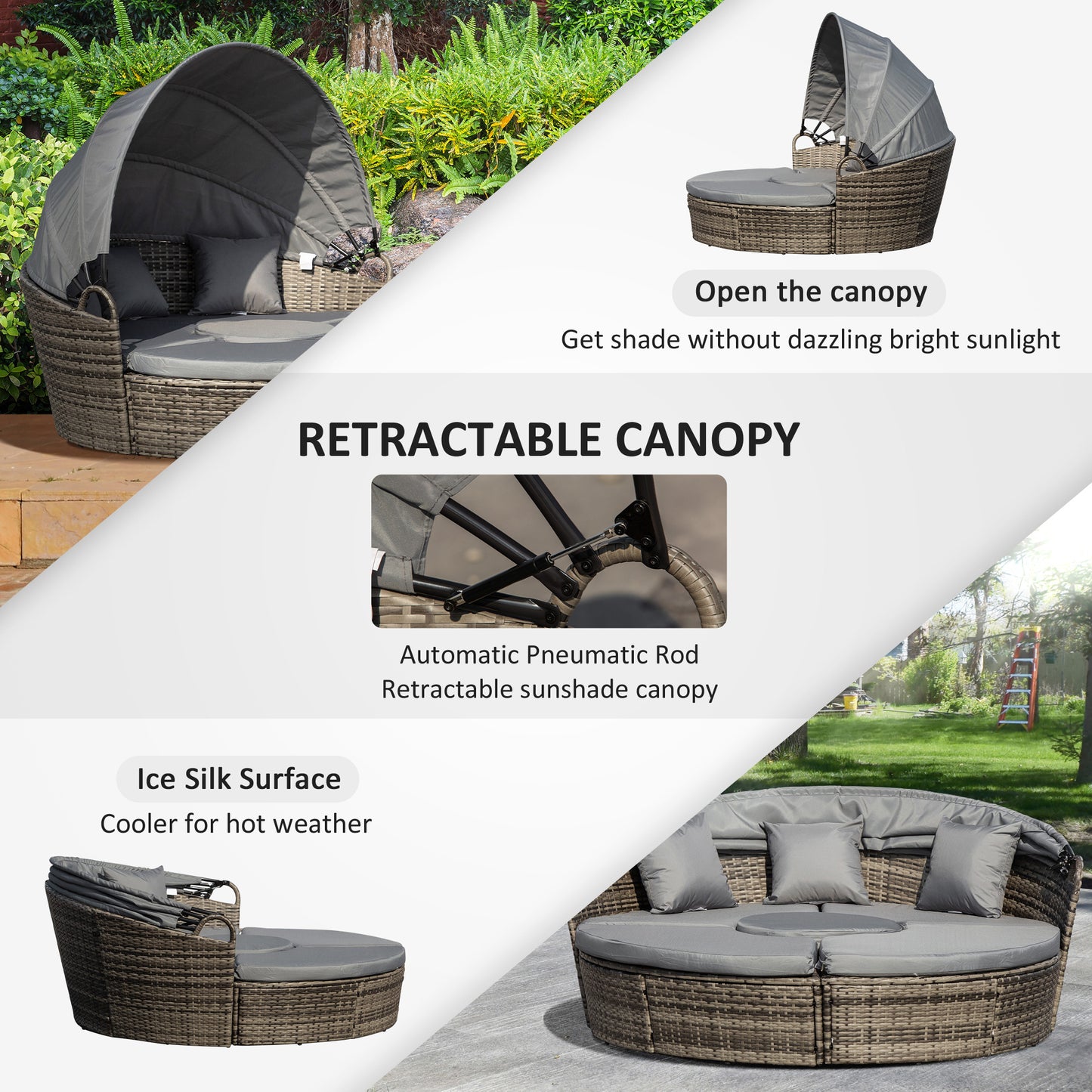Outdoor PE Rattan Garden Furniture with Cushioned, Patio Wicker Conversation Furniture Set, Round Daybed