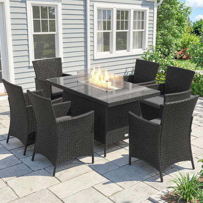 7 Pieces Outdoor Rattan Garden Furniture with Fire Pit Table, 6 Seater Garden Table and Chairs with Cushions