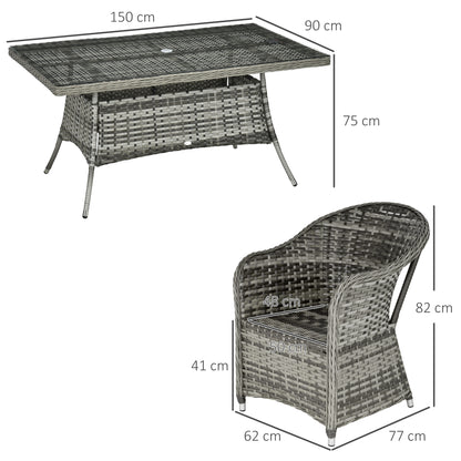 Seven-Piece Rattan Dining Set with Tempered Glass Table Top and Parasol Hole - Grey