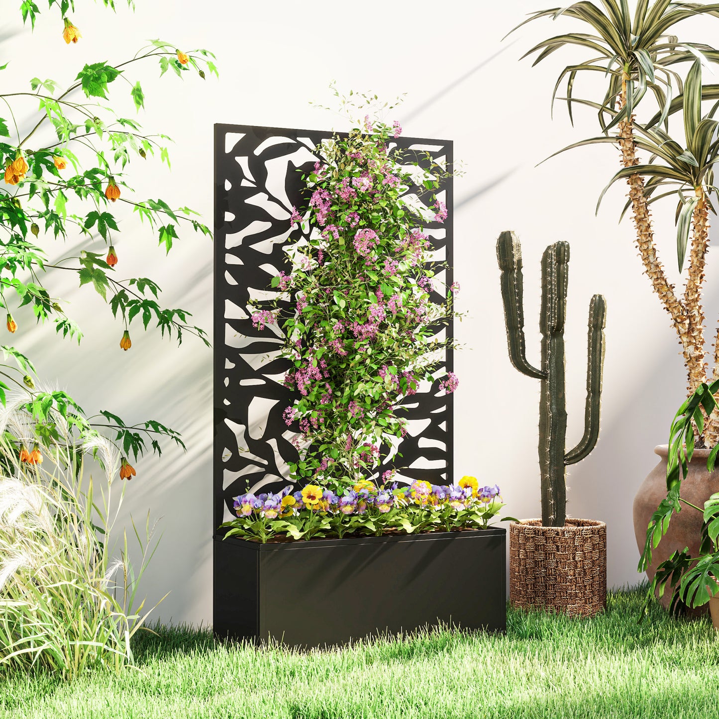 Metal Garden Bed with Trellis, Wall Mounted or Freestanding Raised Planter with Privacy Panel, Black
